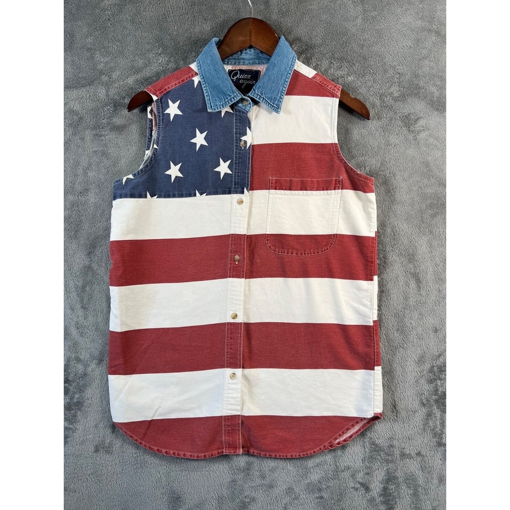 Quizz Again Sleeveless Shirt American Flag Print Womens Medium Button Down Tank